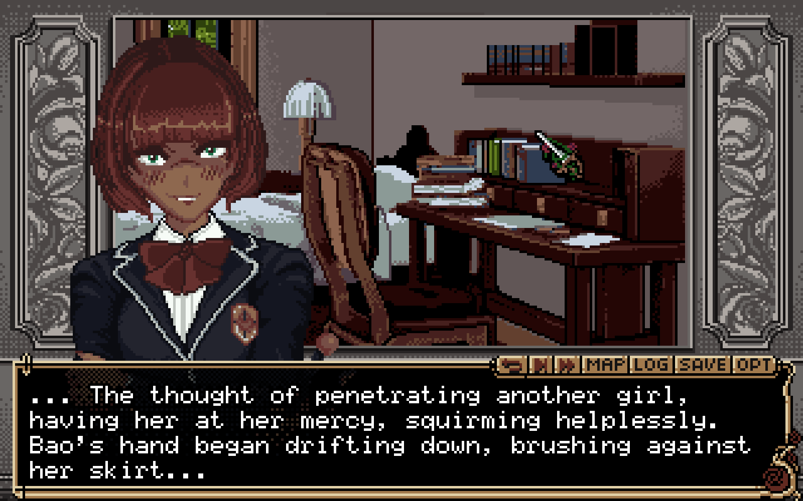 Moonlight Duelists screenshot. '...The thought of penetrating another girl, having her at her mercy, squirming helplessly. Bao's hand began drigting down, brushing against her skirt...' Moonlight Duelists screenshot